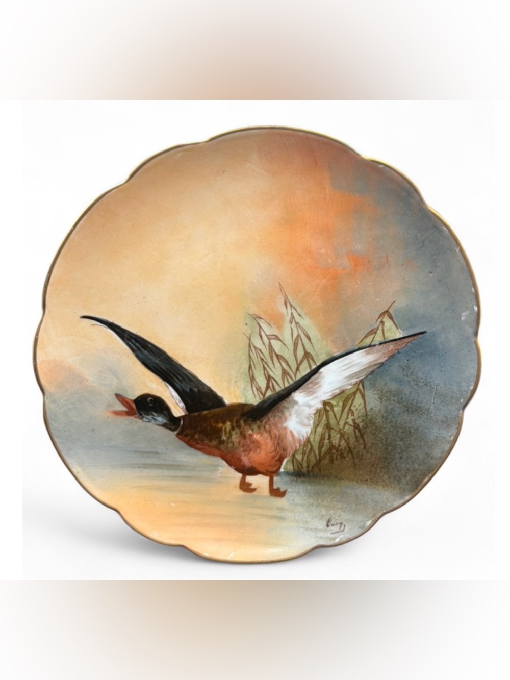 SW Limoges France Biarritz Antique Sgn Hand Painted Porcelain Mallard Duck Plate